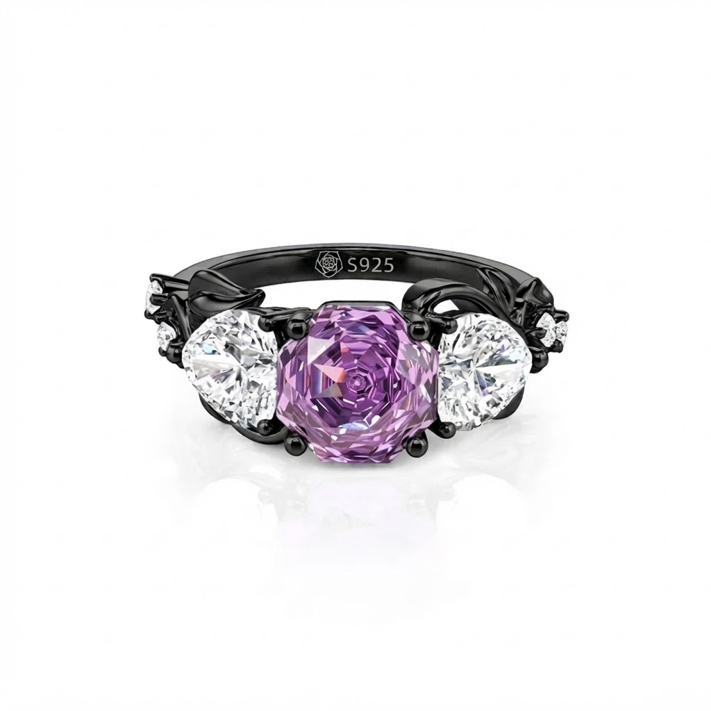 Jeulia Midsummer Night "Love-in-idleness" Three Stone Purple Rose Ring