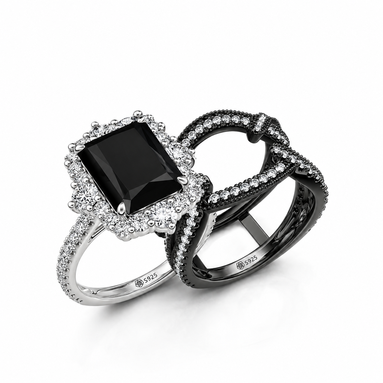 Helirose Twisted Interchangeable Black Radiant Halo Engagement Ring Set
