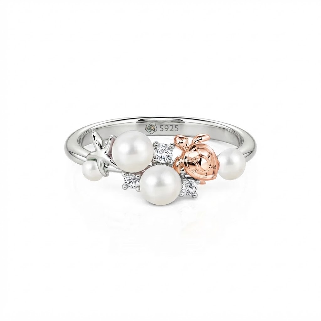 Jeulia Summer Two Tone Ocean Turtle Starfish Pearl Ring