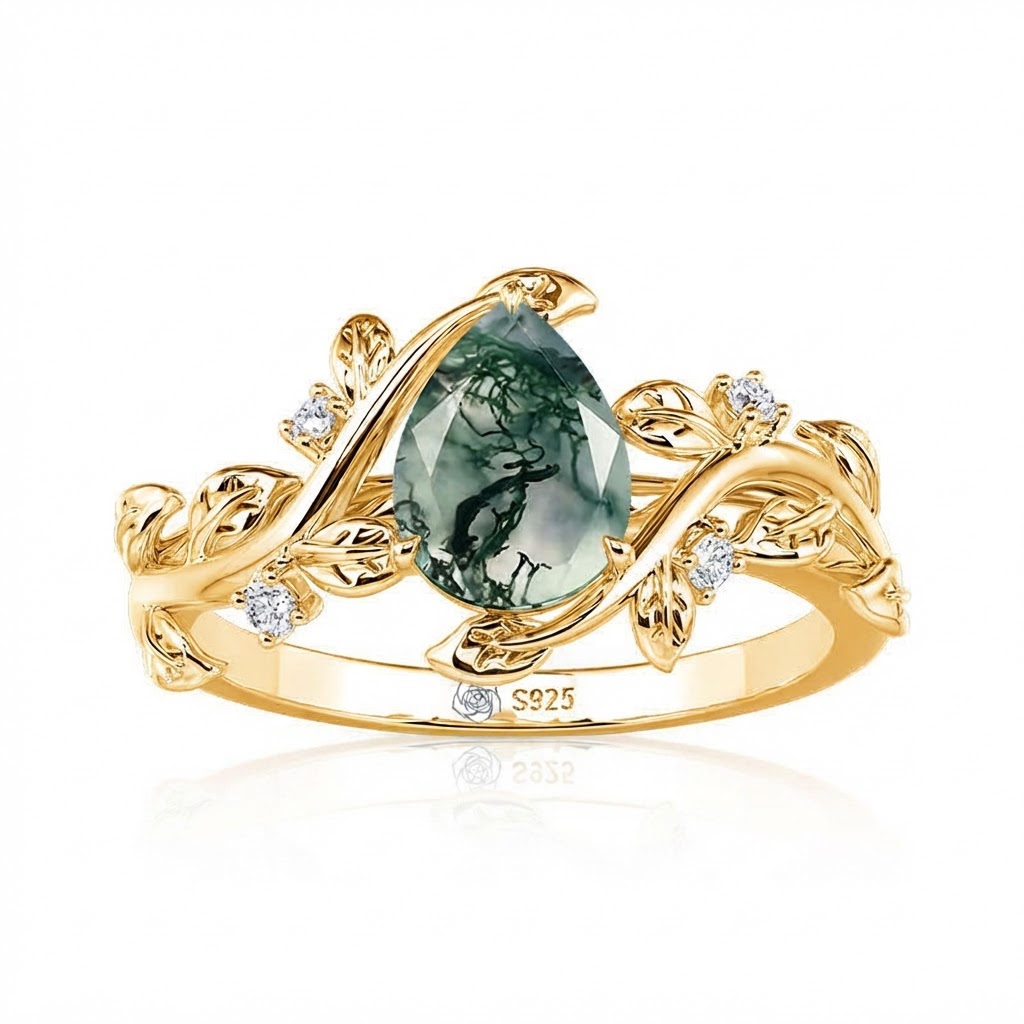 Jeulia Gothic Black Pear Shaped Moss Agate Engagement Ring