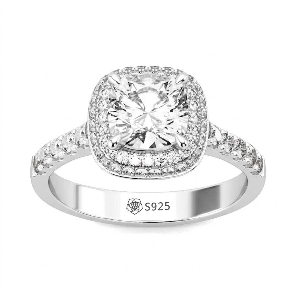 Halirose Double Halo Cushion Cut Sterling Silver Ring
