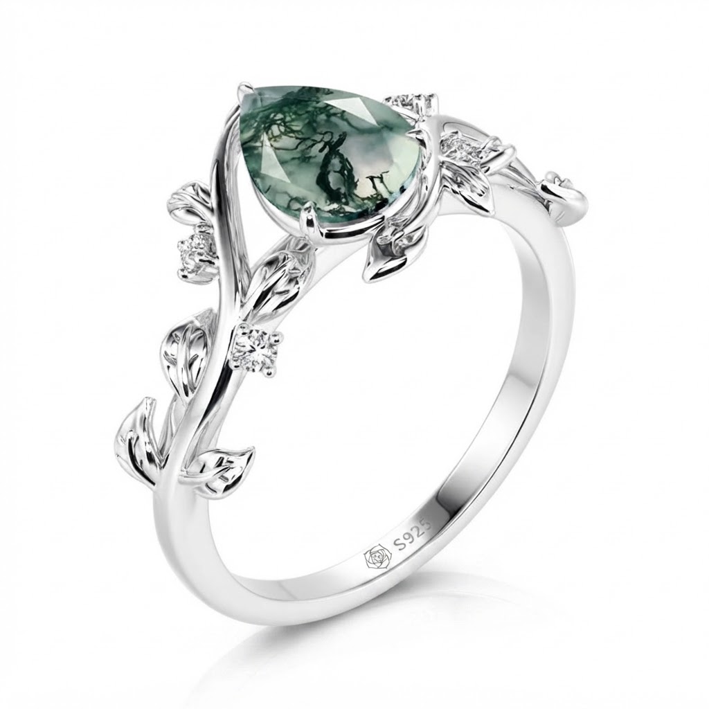 Jeulia Gothic Black Pear Shaped Moss Agate Engagement Ring