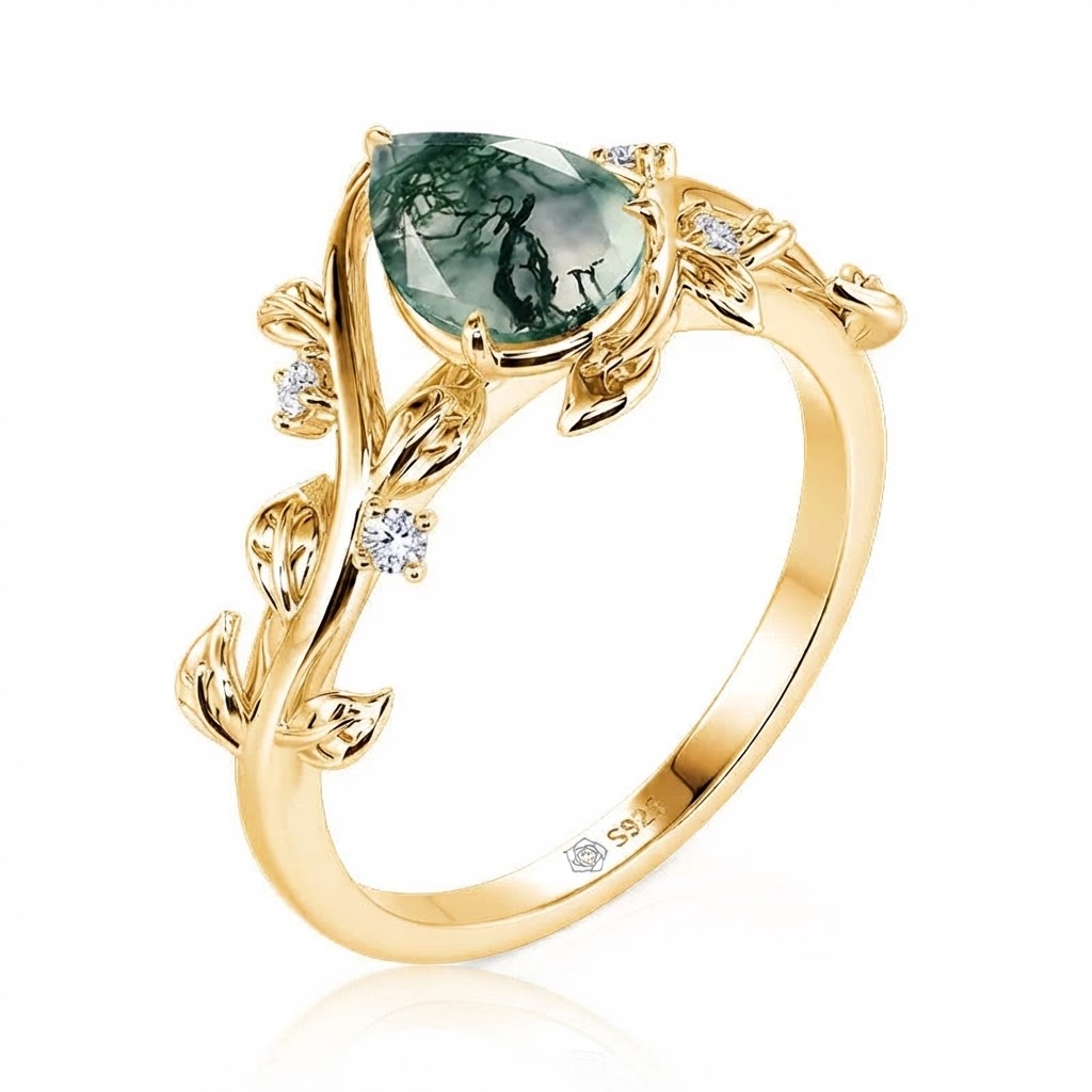 Jeulia Gothic Black Pear Shaped Moss Agate Engagement Ring
