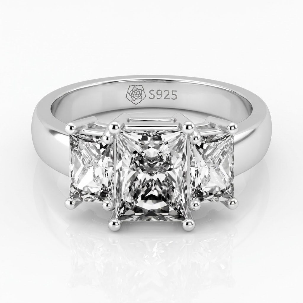 Halirose Three Stone Radiant Cut Sterling Silver Ring