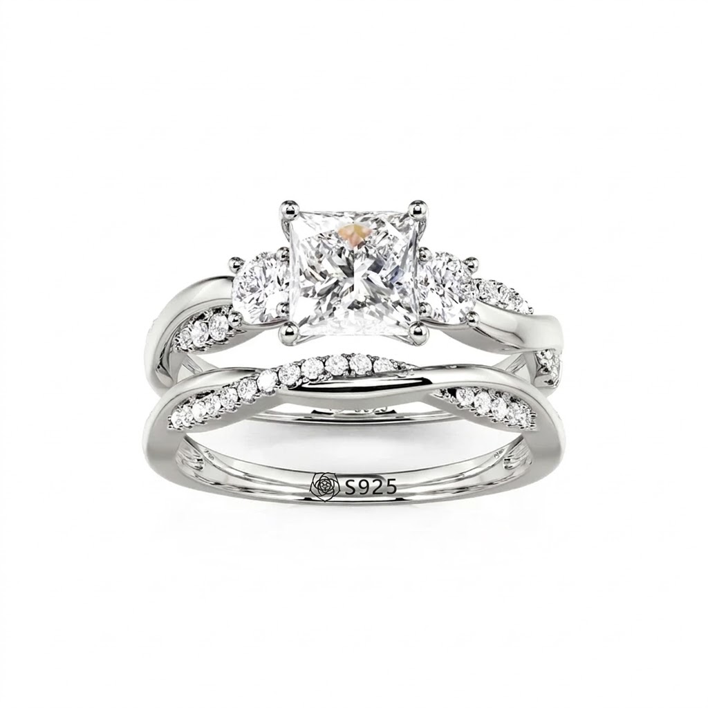 Jeulia Classic Twist Round Three-Stone Ring Set