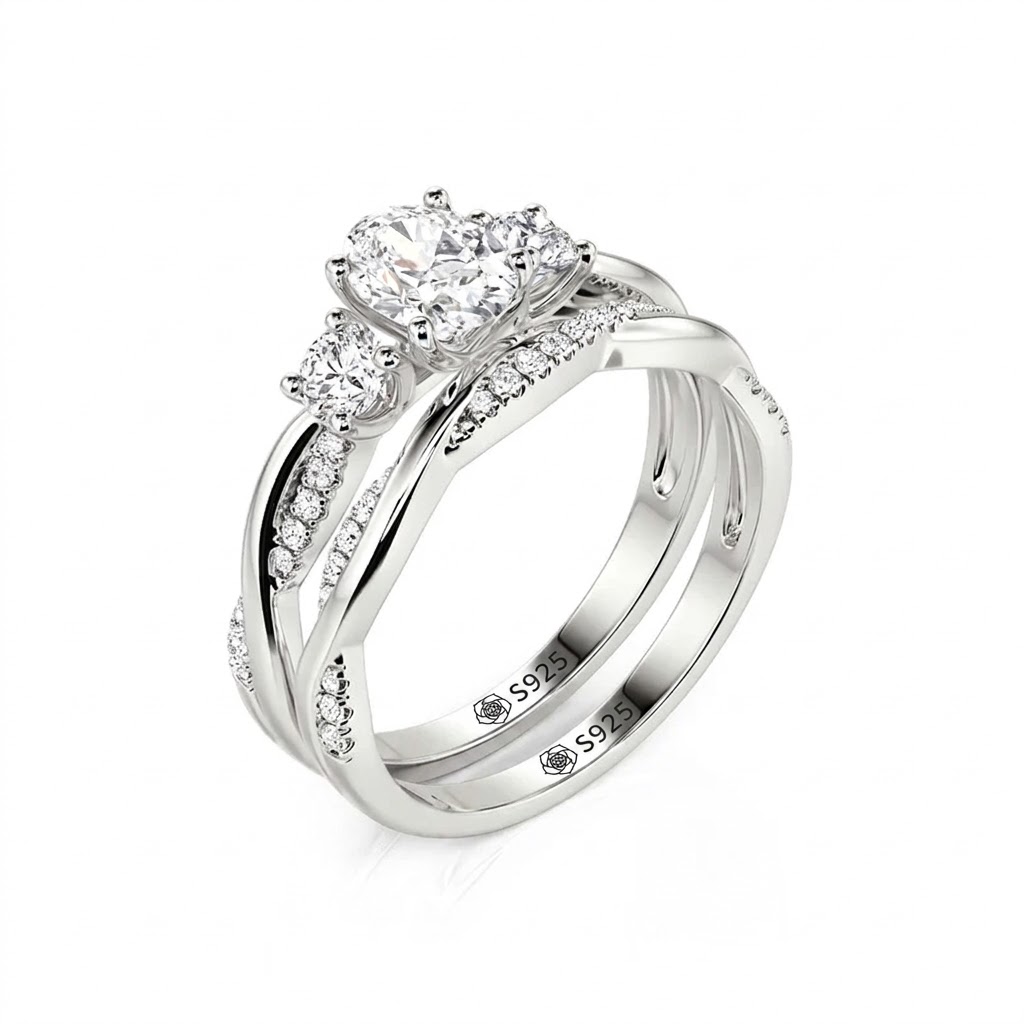 Jeulia Classic Twist Round Three-Stone Ring Set