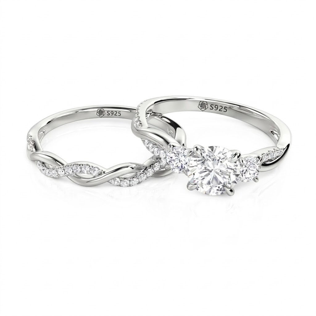 Jeulia Classic Twist Round Three-Stone Ring Set