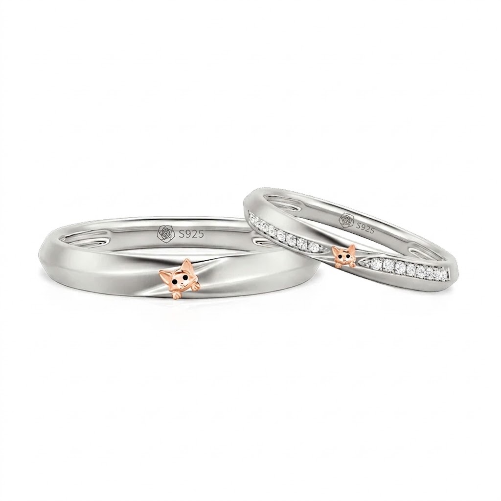 Halirose Two Tone Crossover Peekaboo Cat Couple Ring Set