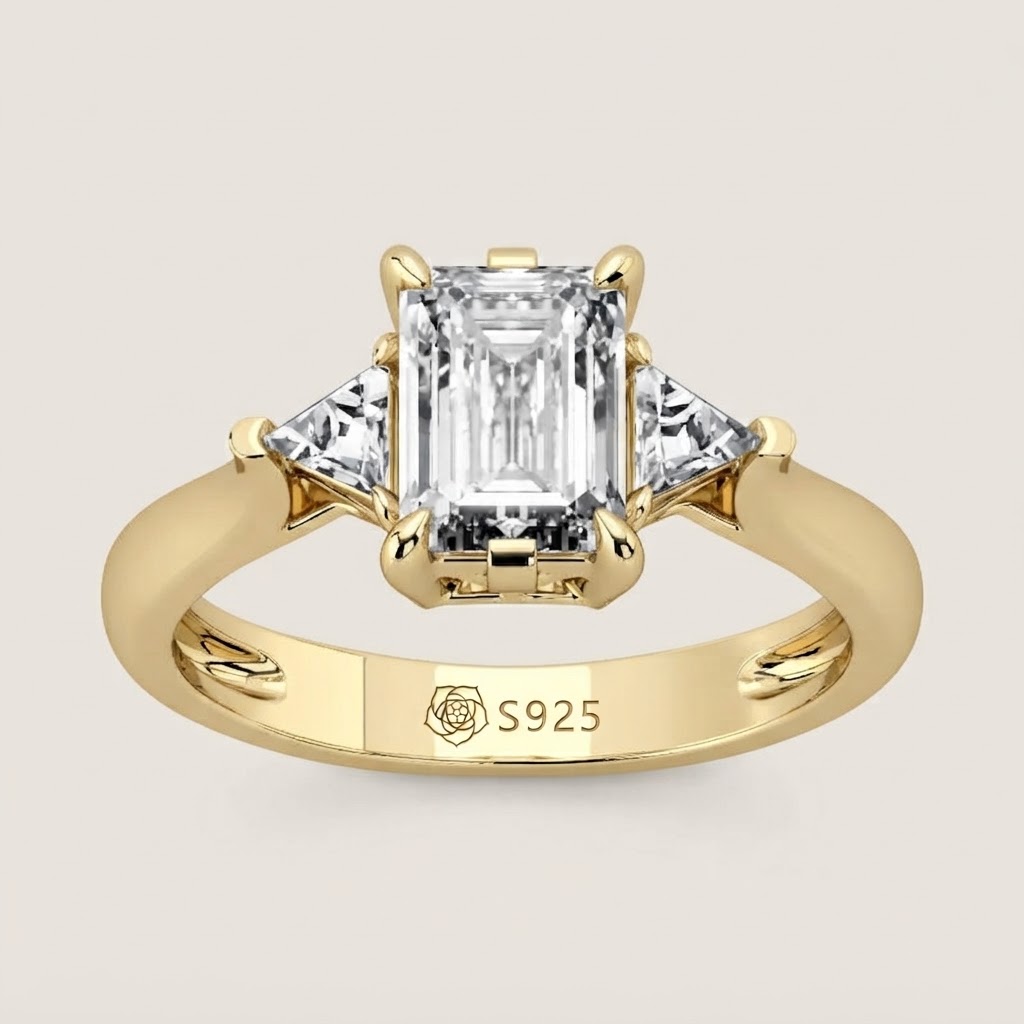 Halirose Three Stone Emerald Cut Sterling Silver Ring