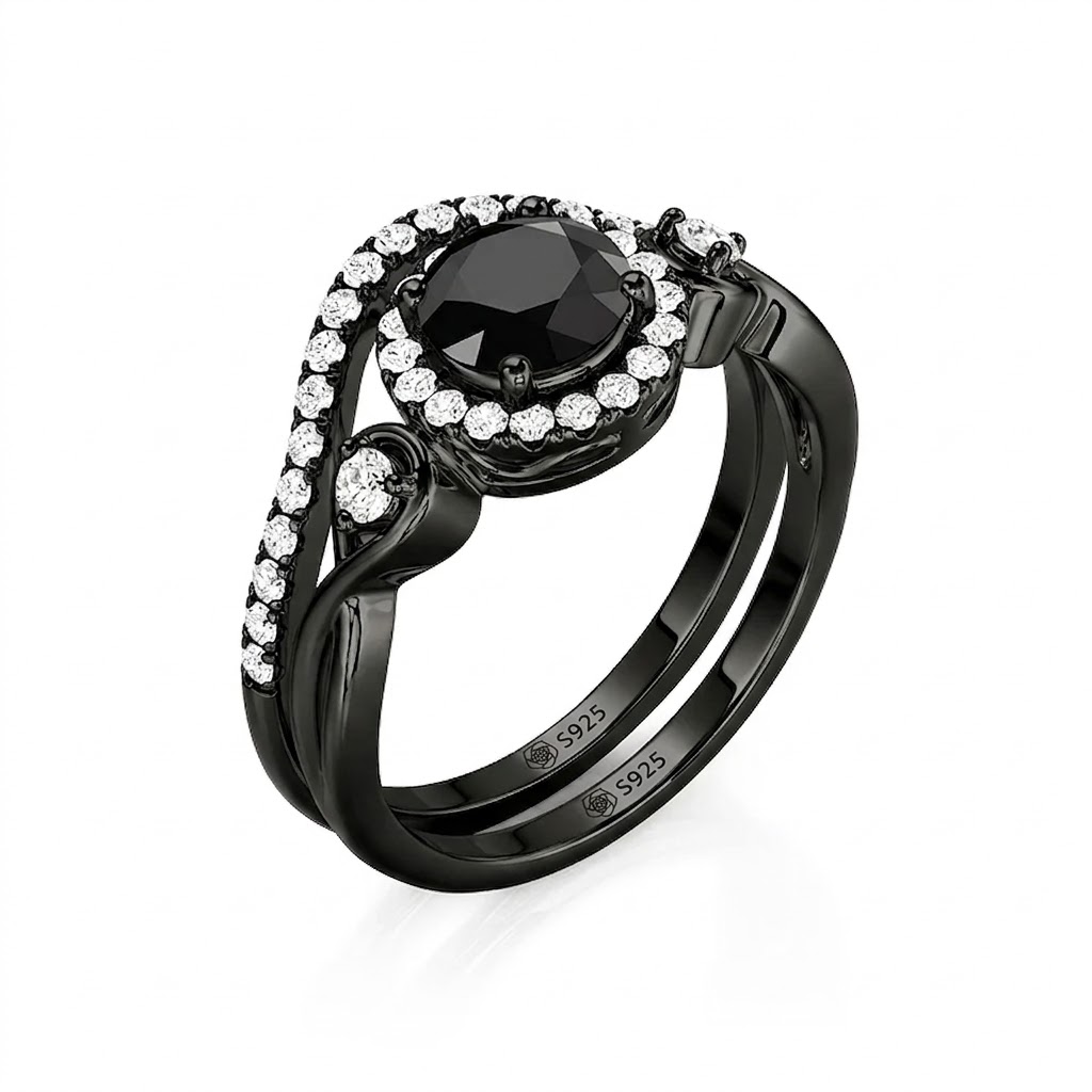 Halirose Black Twist Infinity Halo Round Cut Bridal Ring Set