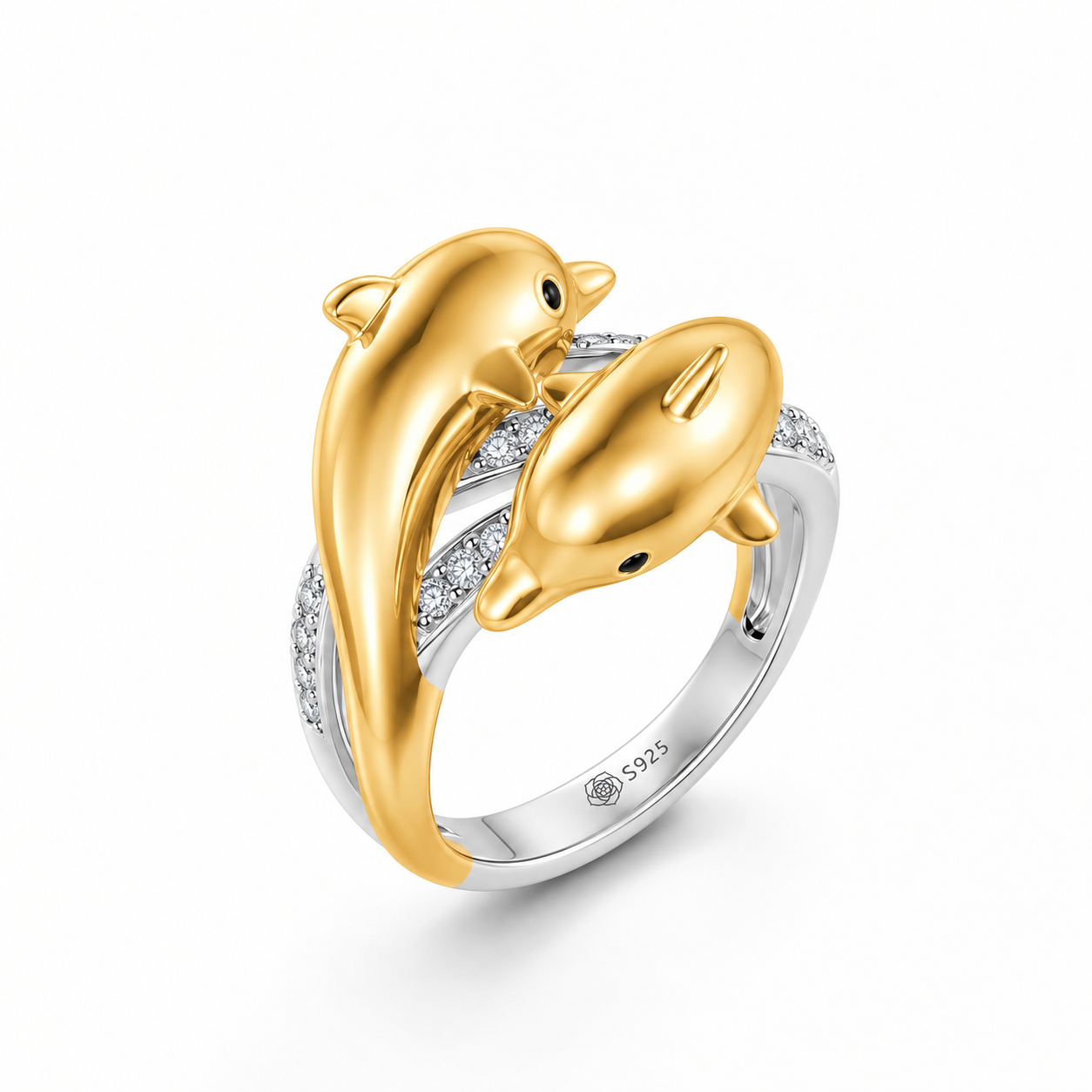 Helirose "Golden Embrace" Two Dolphins Sterling Silver Ring