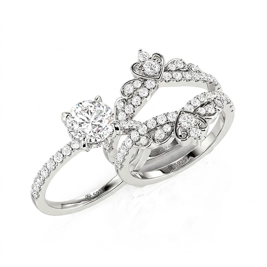 Halirose Round Engagement Ring with Heart Crown Enhancer Set