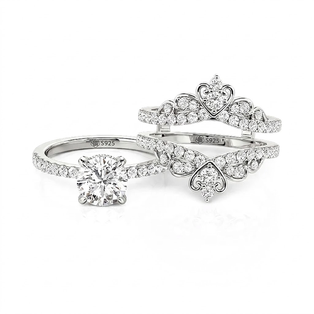 Halirose Round Engagement Ring with Heart Crown Enhancer Set