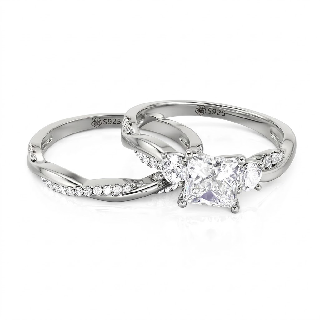 Jeulia Classic Twist Round Three-Stone Ring Set