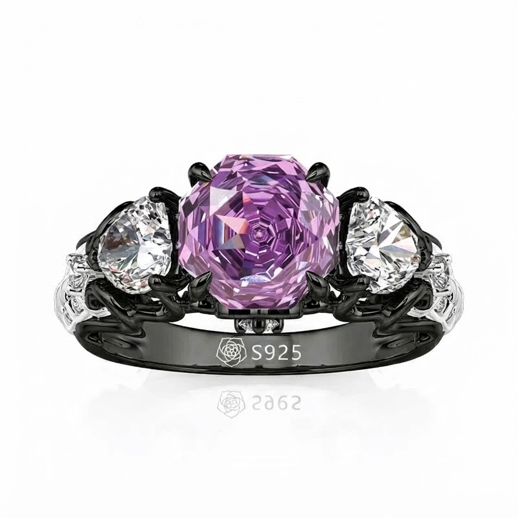 Jeulia Midsummer Night "Love-in-idleness" Three Stone Purple Rose Ring