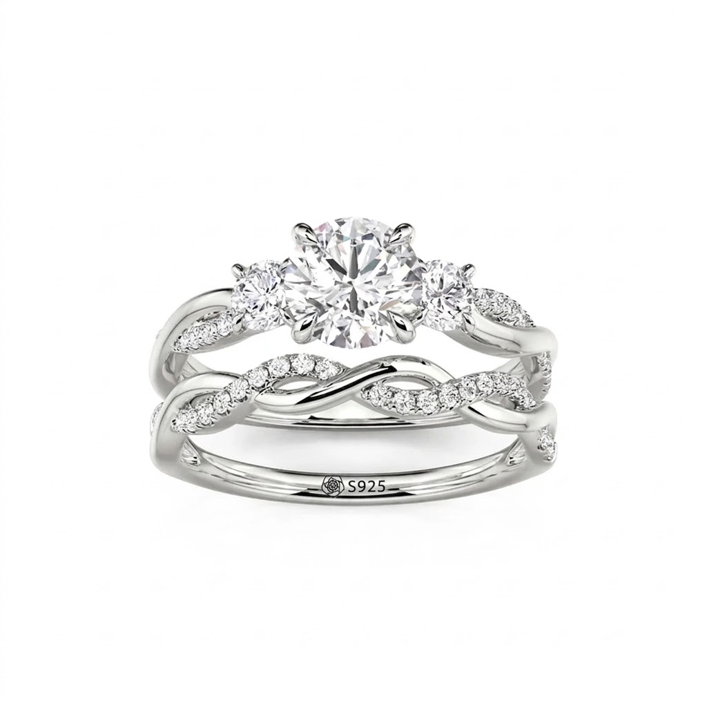 Jeulia Classic Twist Round Three-Stone Ring Set