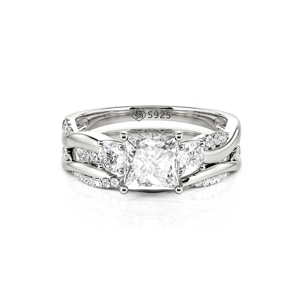 Jeulia Classic Twist Round Three-Stone Ring Set