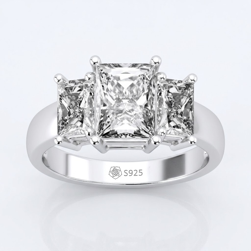 Halirose Three Stone Radiant Cut Sterling Silver Ring