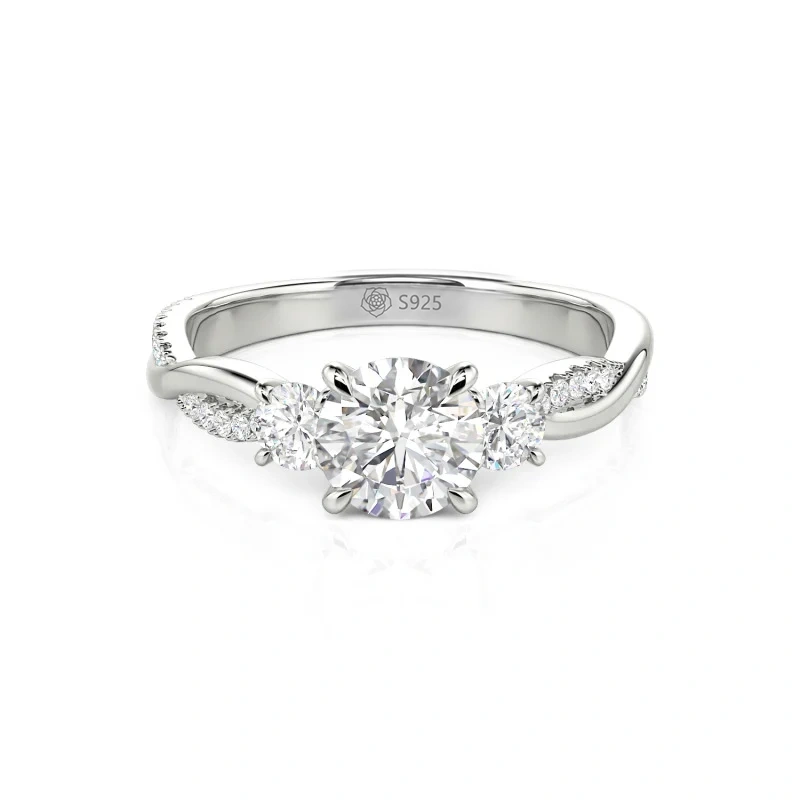 Helirose Twist Three Stone Engagement Ring Sterling Silver Round Cut