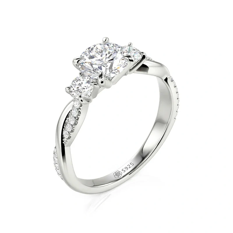 Helirose Twist Three Stone Engagement Ring Sterling Silver Round Cut