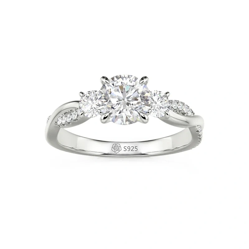 Helirose Twist Three Stone Engagement Ring Sterling Silver Round Cut