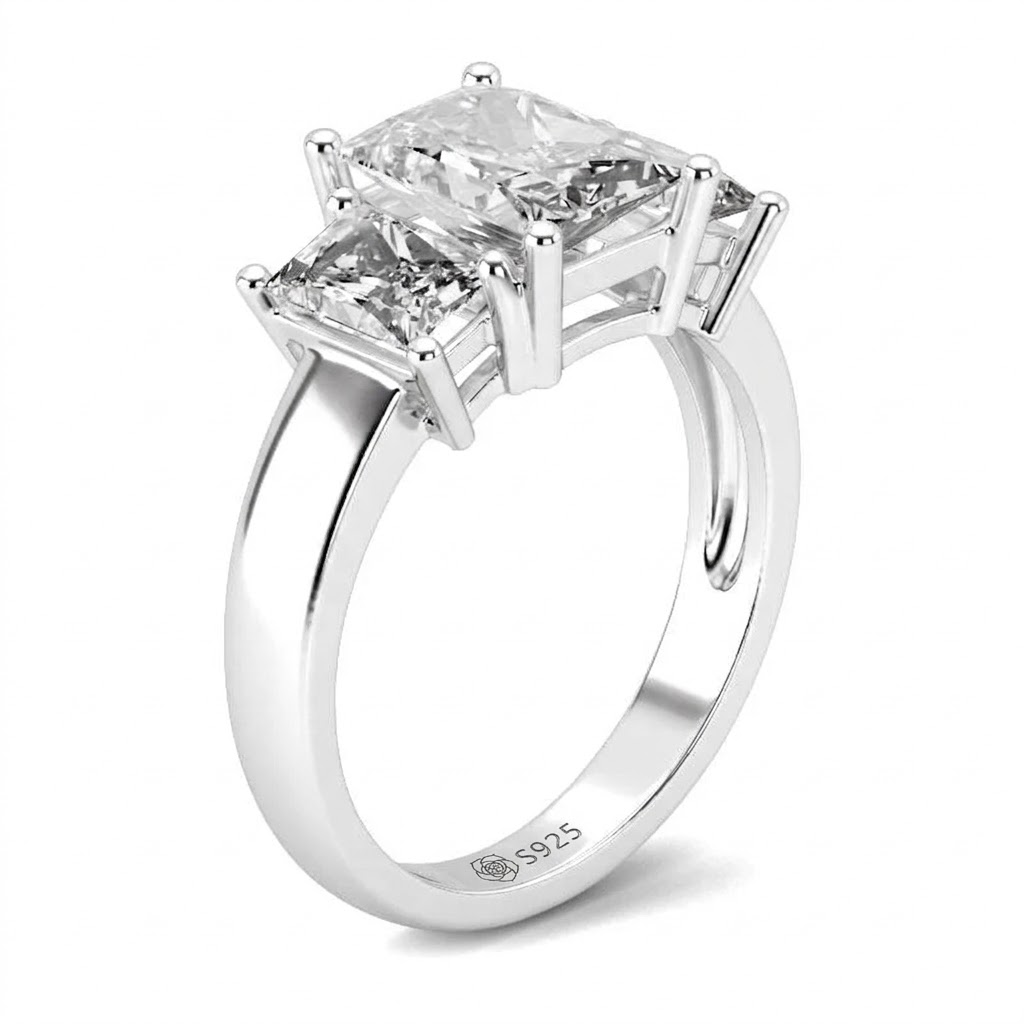 Halirose Three Stone Radiant Cut Sterling Silver Ring