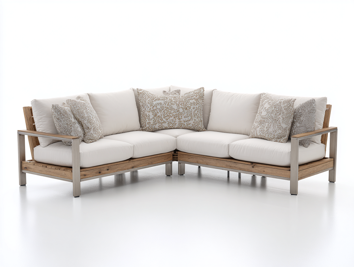 Gartensofa aus Holz und Metall 260x200x75 cm - braun-weiß-silberfarben - modernes Outdoor-Design-Comooroom