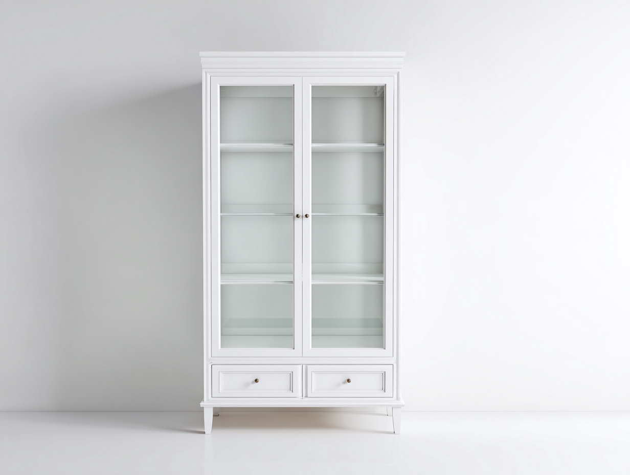 Vitrinen Holzwerkstoff 90x40x200 cm weiß - mit 2 Glastüren und 2 Schubladen für Wohnzimmer und Esszimmer-Comooroom