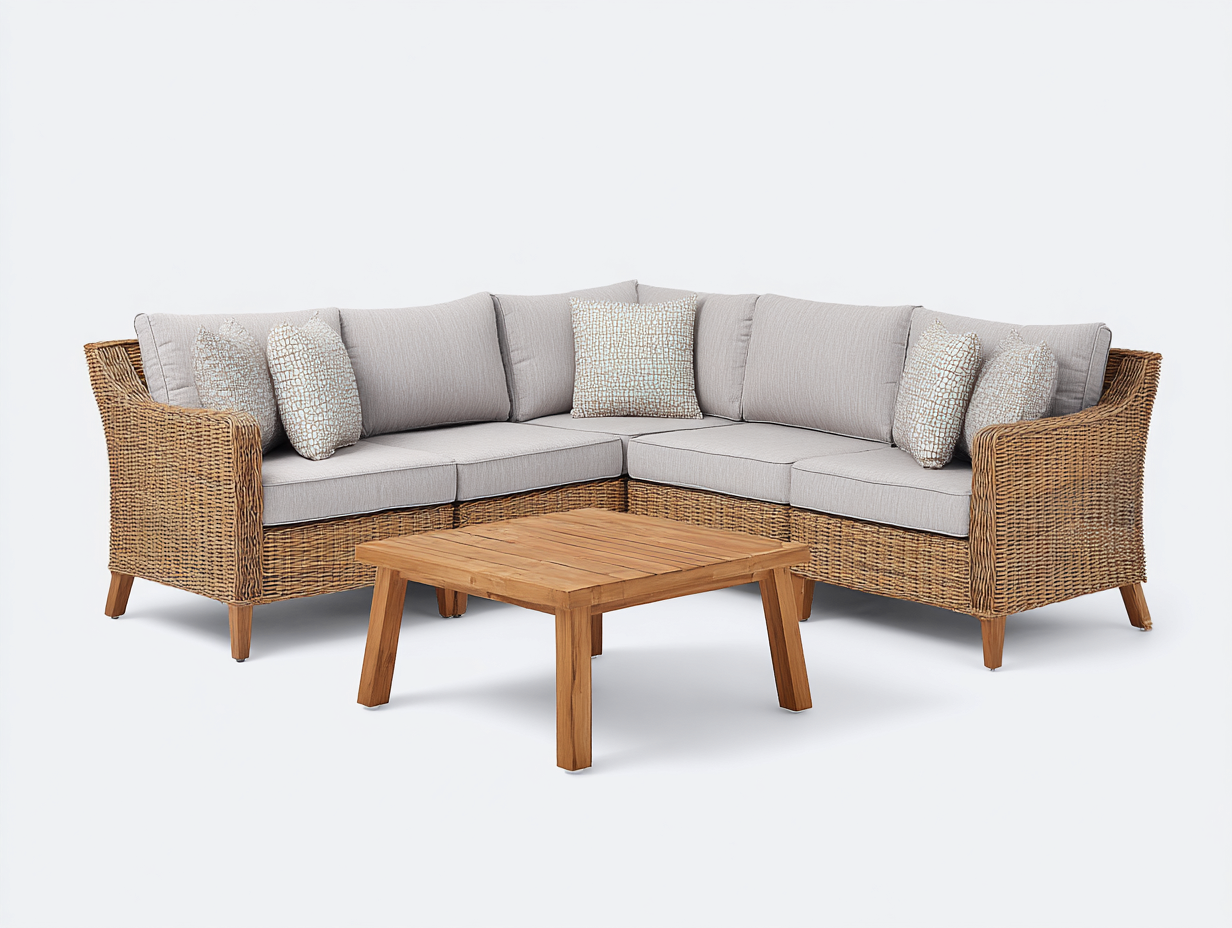 Gartensofa Polyrattan Holzoptik 265x265x82 cm - Naturbraun-Grau - mit Gartentisch für Garten und Terrasse-Comooroom