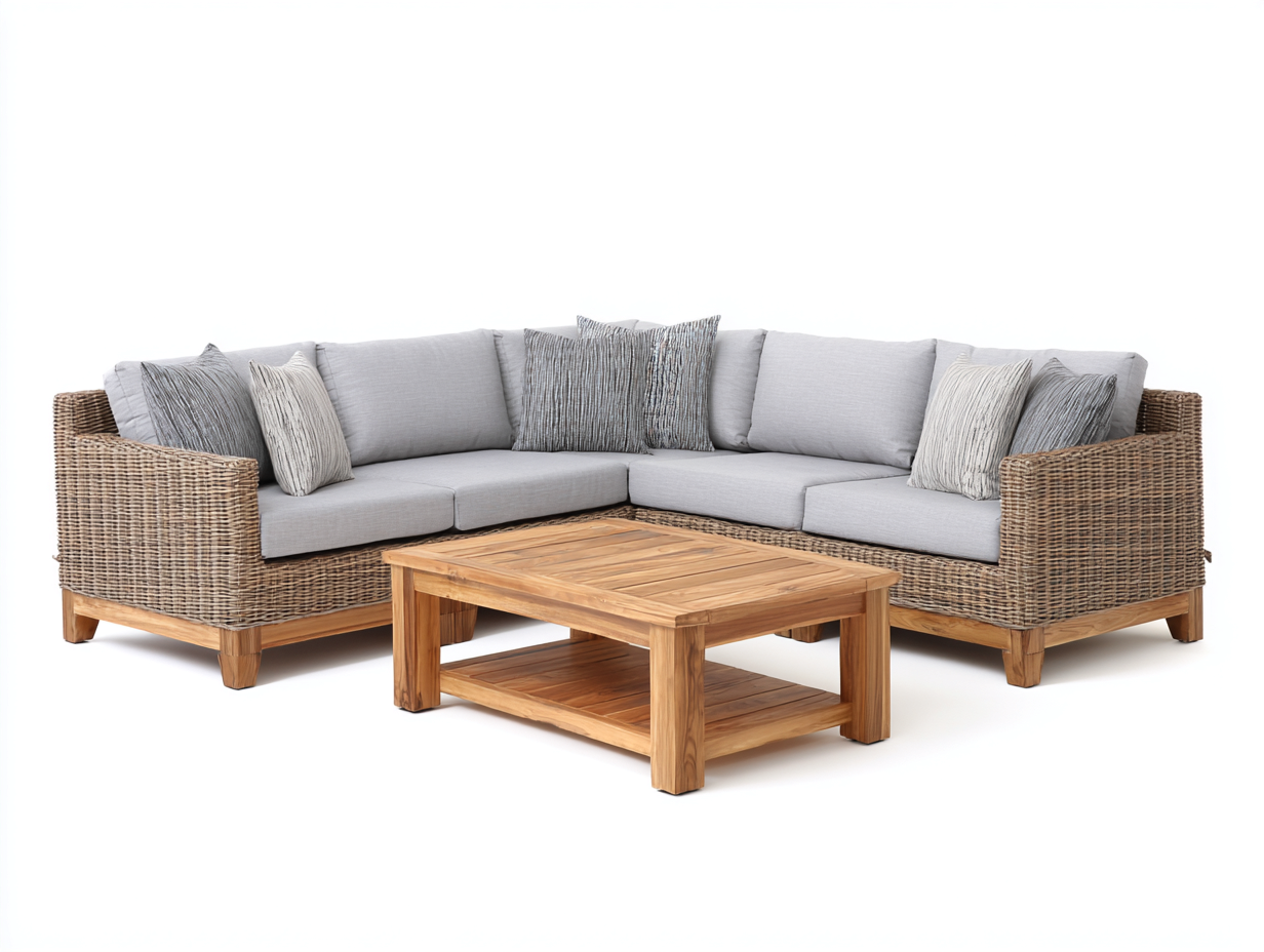 Gartensofa Set aus Polyrattan und Holz 260x260x78 cm - naturbraun-grau - moderner Stil mit Couchtisch für Garten und Terrasse-Comooroom