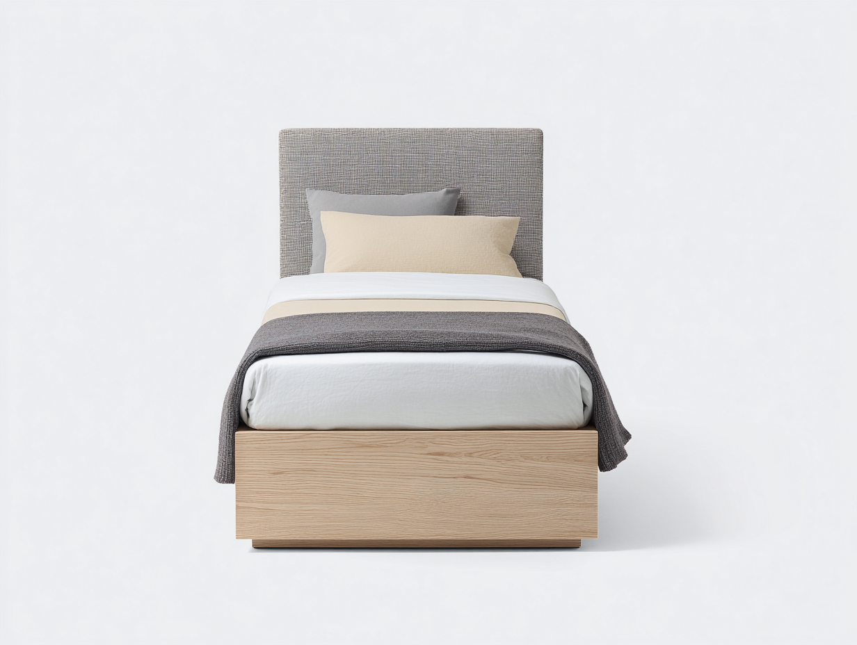 Einzelbett Holzwerkstoff-Stoff 206x100x112 cm natur-grau - gepolstertes Kopfteil für Schlafzimmer-Comooroom