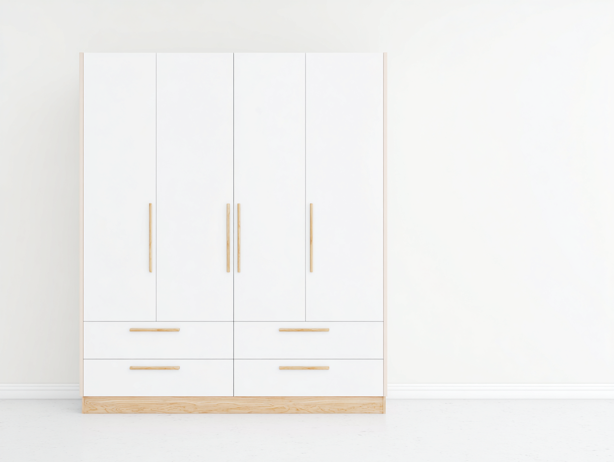 Kleiderschrank Holzwerkstoff 160x55x200 cm weiß-natur - mit 4 Türen und 4 Schubladen für Schlafzimmer-Comooroom