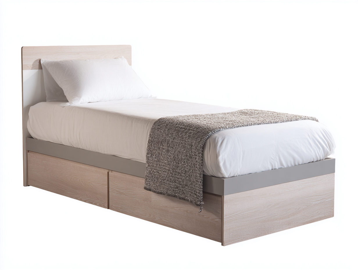 Einzelbett Holz 200x90x96 cm - Natur Grau - mit Stauraum und Kopfteil-Comooroom