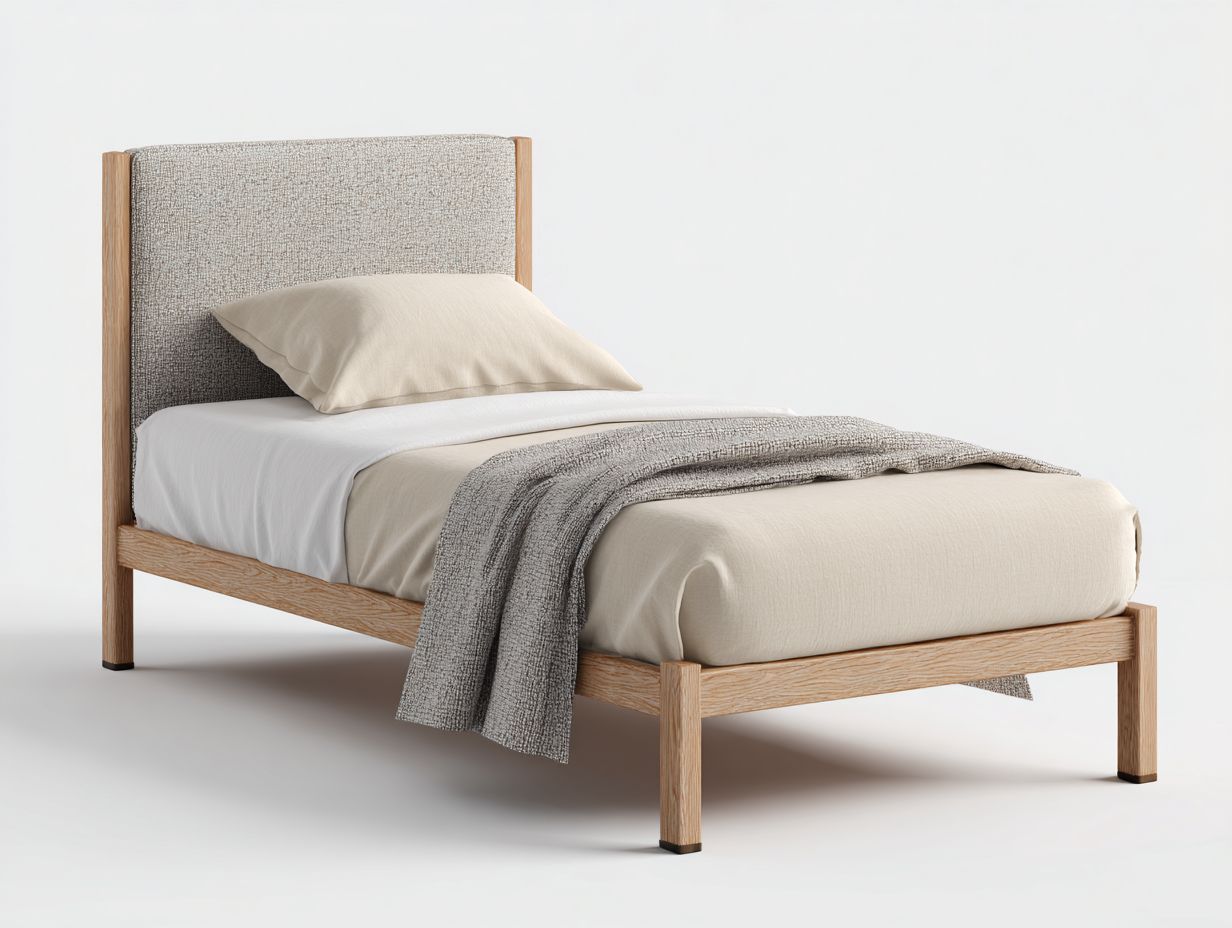 Einzelbett Holz 200x90x105 cm - Natur Beige - gepolstertes Kopfteil-Comooroom