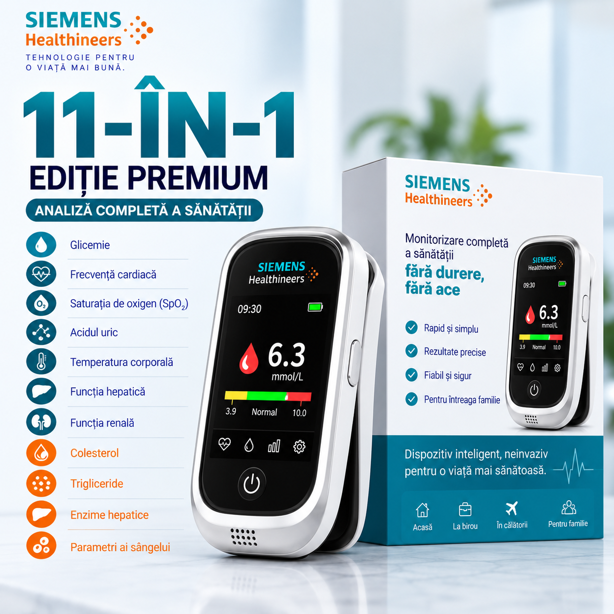 🩸 Siemens™ 11-în-1 – Fără ace. Fără benzi. Rezultate în doar 5 secunde.  Monitorizarea glicemiei, mai simplă și mai confortabilă ca niciodată.