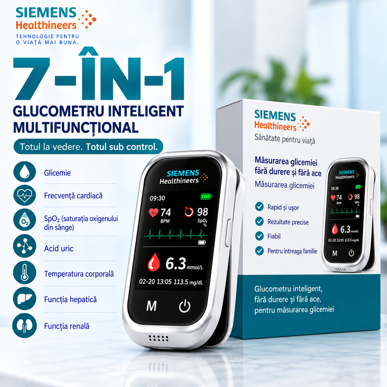 🩸 Siemens™ 11-în-1 – Fără ace. Fără benzi. Rezultate în doar 5 secunde.  Monitorizarea glicemiei, mai simplă și mai confortabilă ca niciodată.