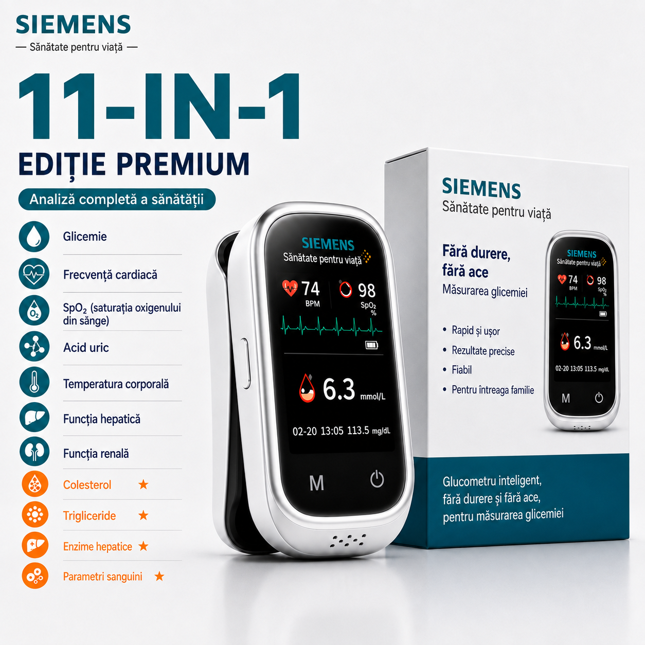🩸 Siemens™ Dispozitiv 11-în-1 pentru măsurarea glicemiei fără înțepături Fără ace • Fără benzi de testare • Rezultate rapide în doar 5 secunde
