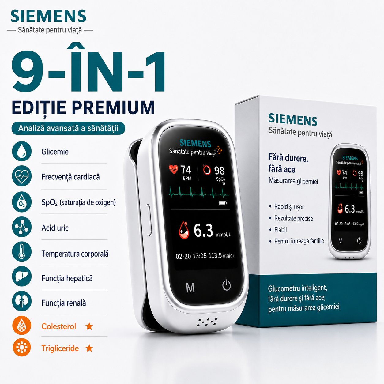🩸 Siemens™ Dispozitiv 11-în-1 pentru măsurarea glicemiei fără înțepături Fără ace • Fără benzi de testare • Rezultate rapide în doar 5 secunde