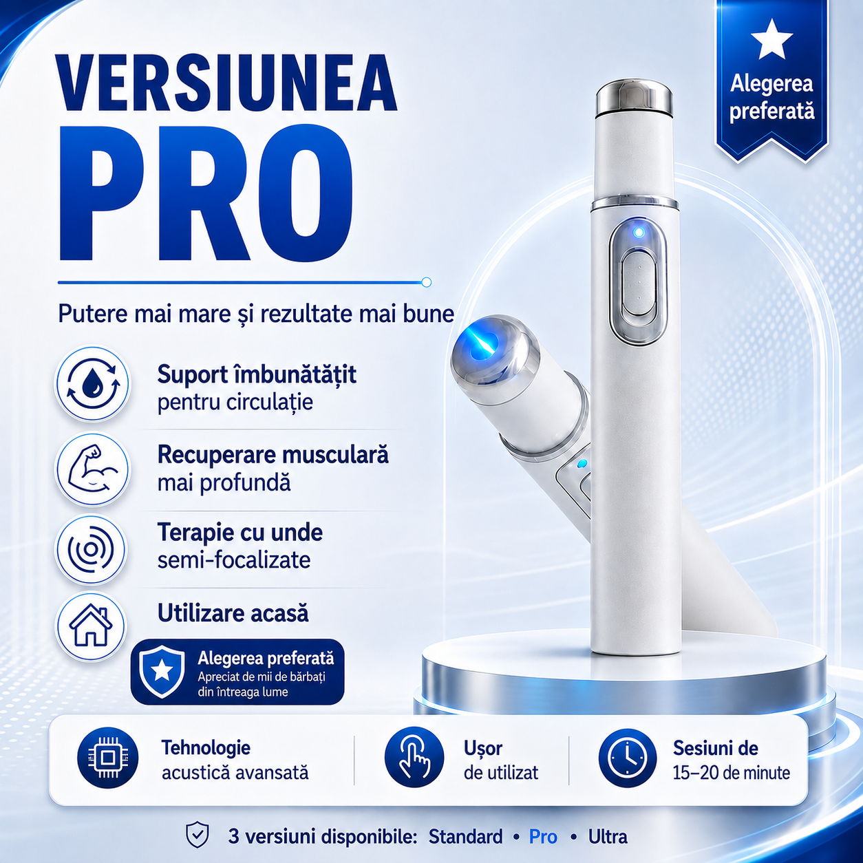 Terapia avansată cu unde de șoc acustice contribuie la refacerea sănătății țesutului penian, îmbunătățește fermitatea erecției, rezistența și încrederea în performanța masculină, ajutând totodată la ameliorarea durerilor musculare, a rigidității articular
