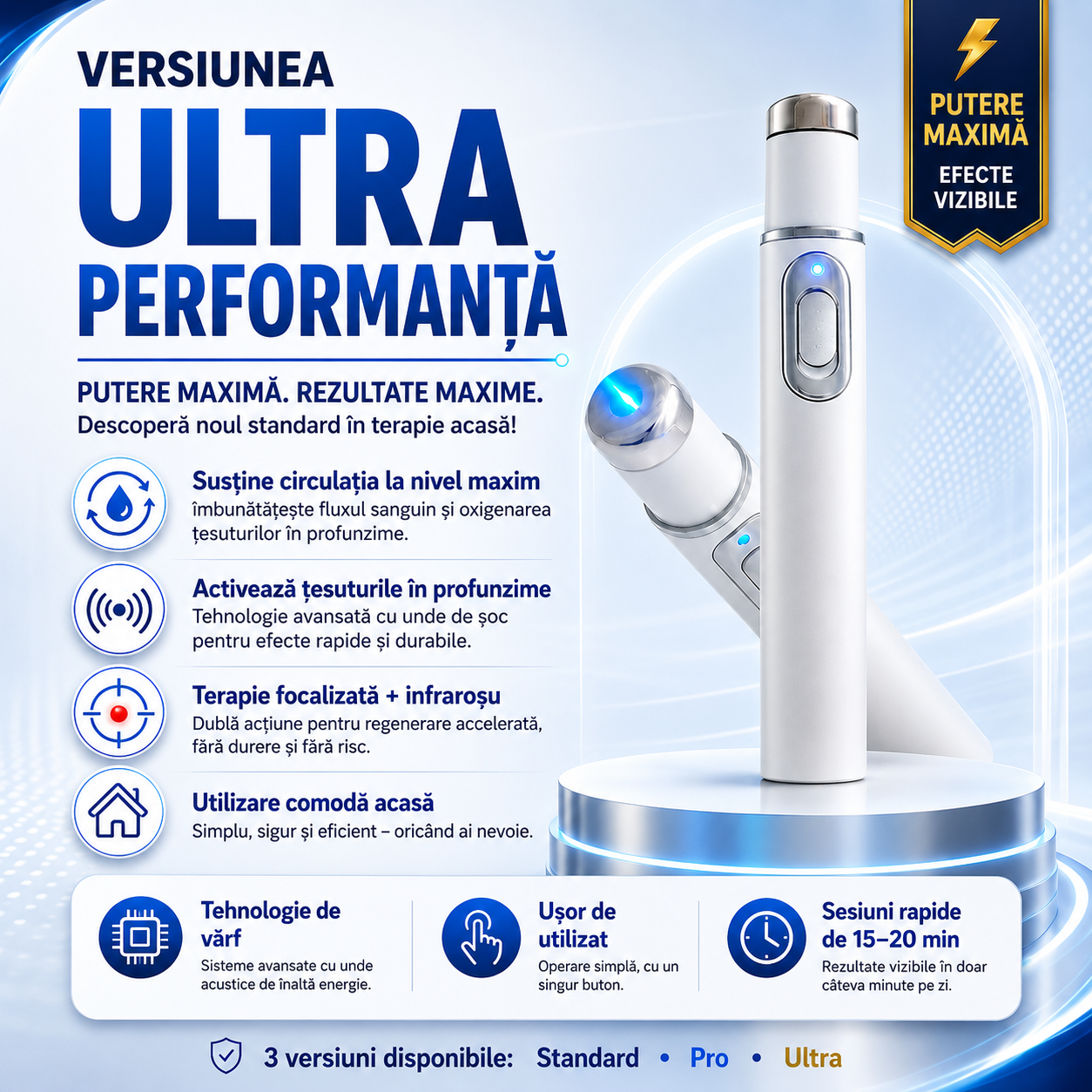 Terapia avansată cu unde de șoc acustice contribuie la refacerea sănătății țesutului penian, îmbunătățește fermitatea erecției, rezistența și încrederea în performanța masculină, ajutând totodată la ameliorarea durerilor musculare, a rigidității articular