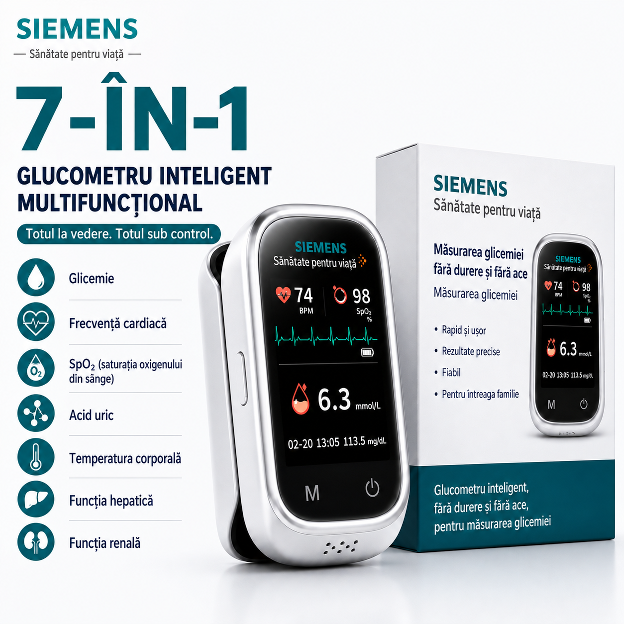 🩸 Siemens™ Dispozitiv 11-în-1 pentru măsurarea glicemiei fără înțepături Fără ace • Fără benzi de testare • Rezultate rapide în doar 5 secunde
