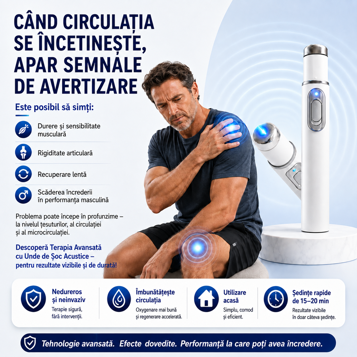 Terapia avansată cu unde de șoc acustice contribuie la refacerea sănătății țesutului penian, îmbunătățește fermitatea erecției, rezistența și încrederea în performanța masculină, ajutând totodată la ameliorarea durerilor musculare, a rigidității articular