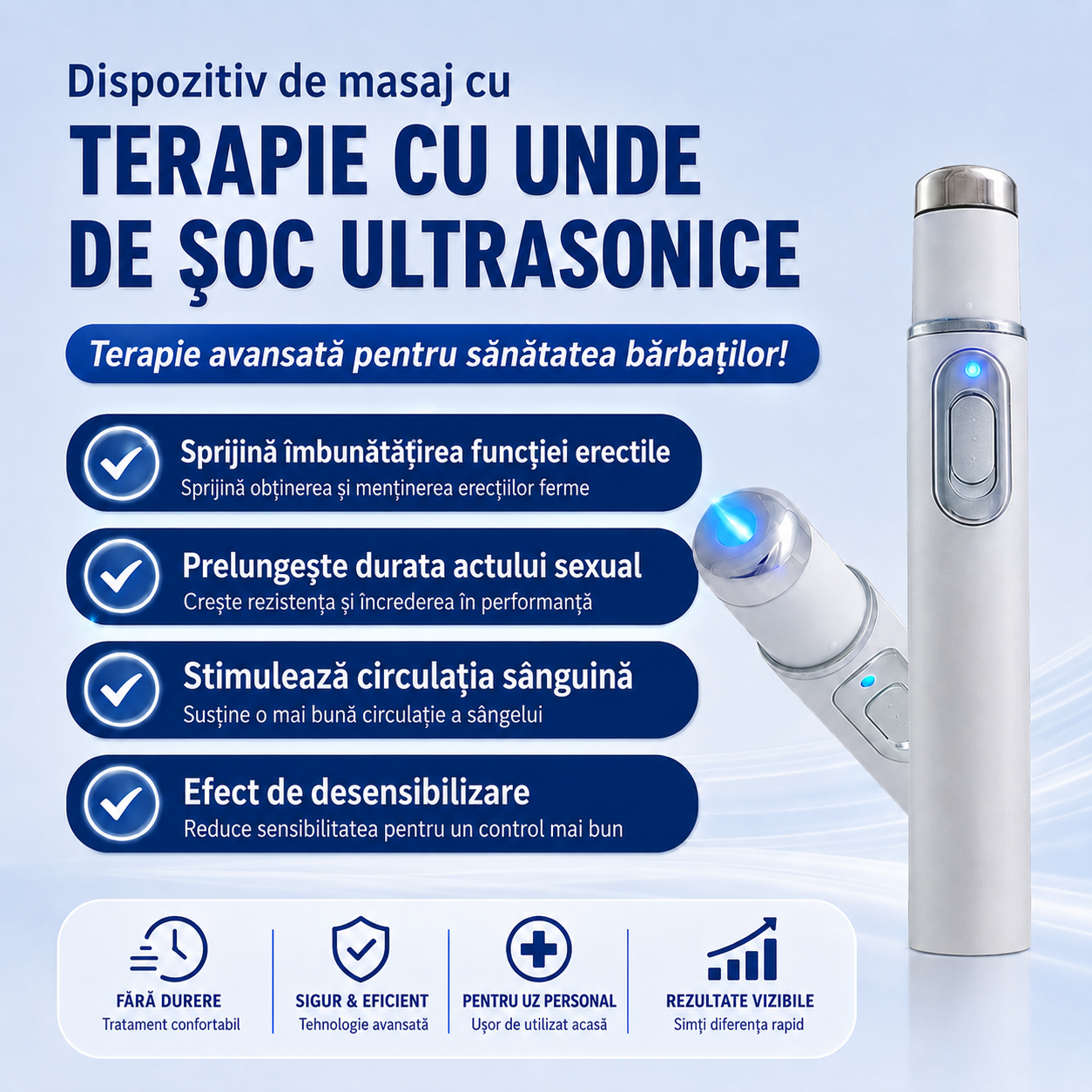 Terapia avansată cu unde de șoc acustice contribuie la refacerea sănătății țesutului penian, îmbunătățește fermitatea erecției, rezistența și încrederea în performanța masculină, ajutând totodată la ameliorarea durerilor musculare, a rigidității articular