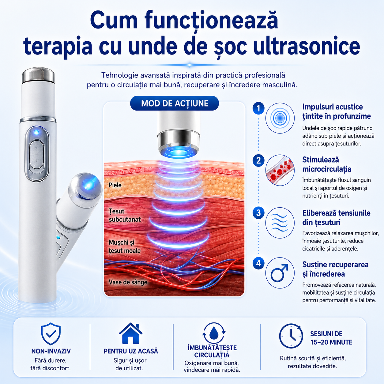 Terapia avansată cu unde de șoc acustice contribuie la refacerea sănătății țesutului penian, îmbunătățește fermitatea erecției, rezistența și încrederea în performanța masculină, ajutând totodată la ameliorarea durerilor musculare, a rigidității articular