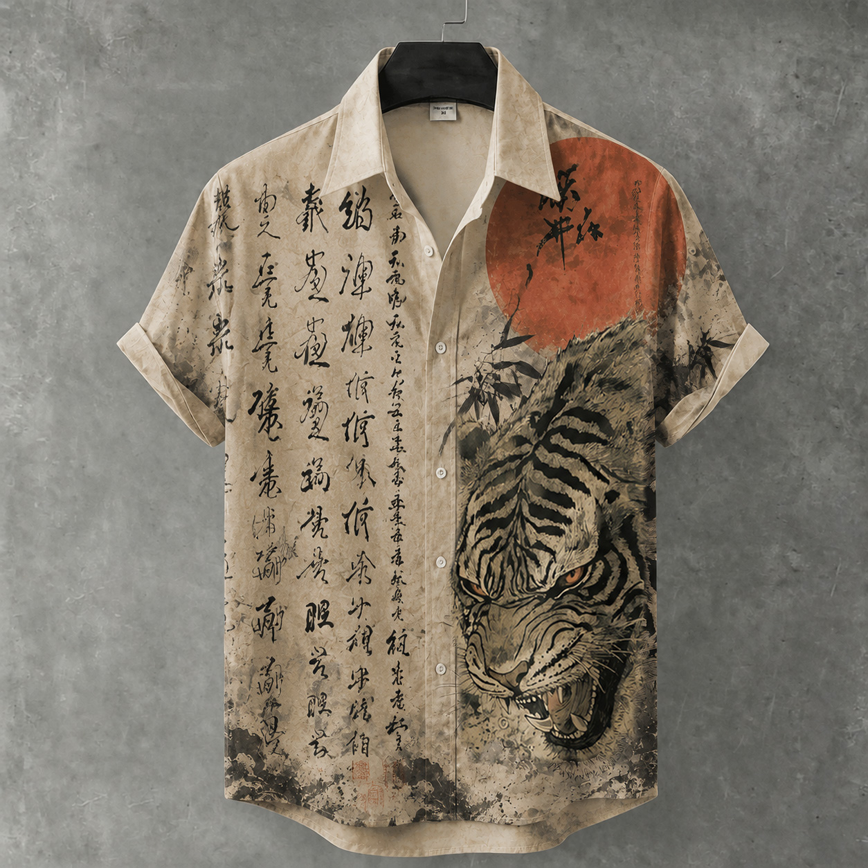 Men's Retro Japanese Art Tiger And Calligraphy Print Short-sleeve Shirt