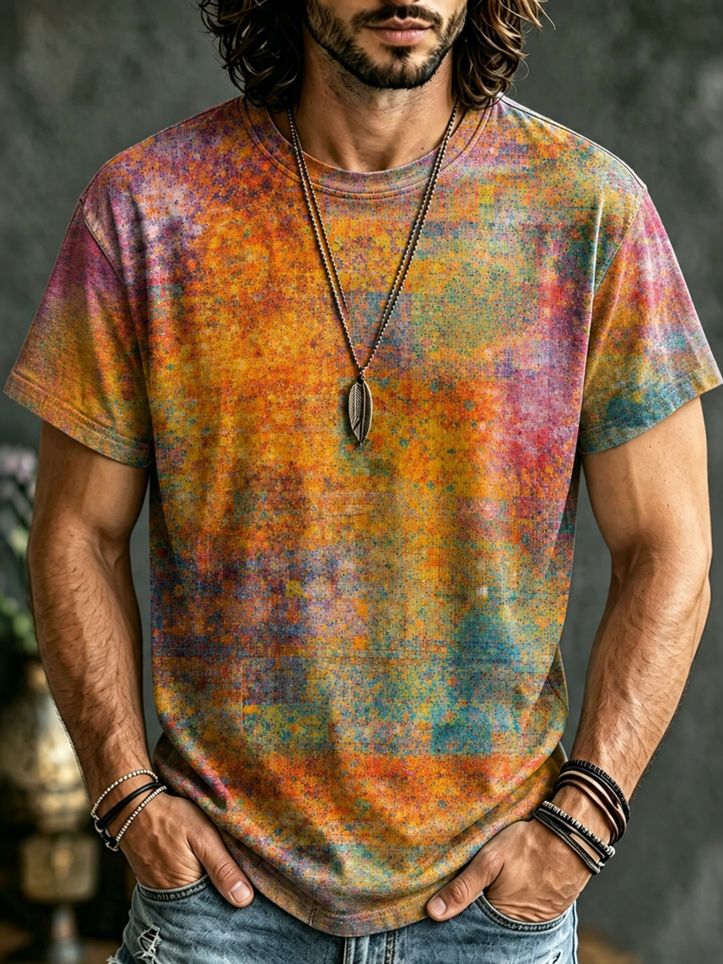 Men's Retro Gradient Pattern Print Short-sleeve T-shirt