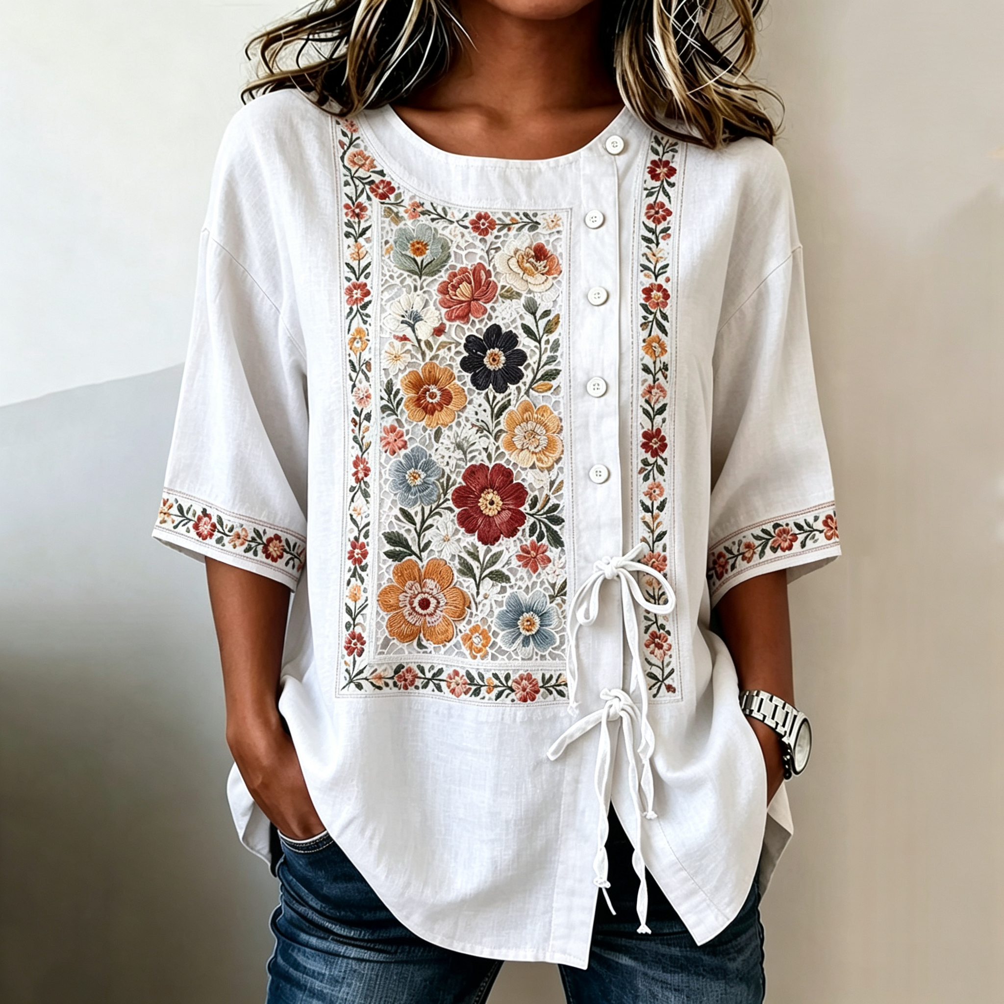 Women's Retro Bohemian Floral Design Short-sleeve Top