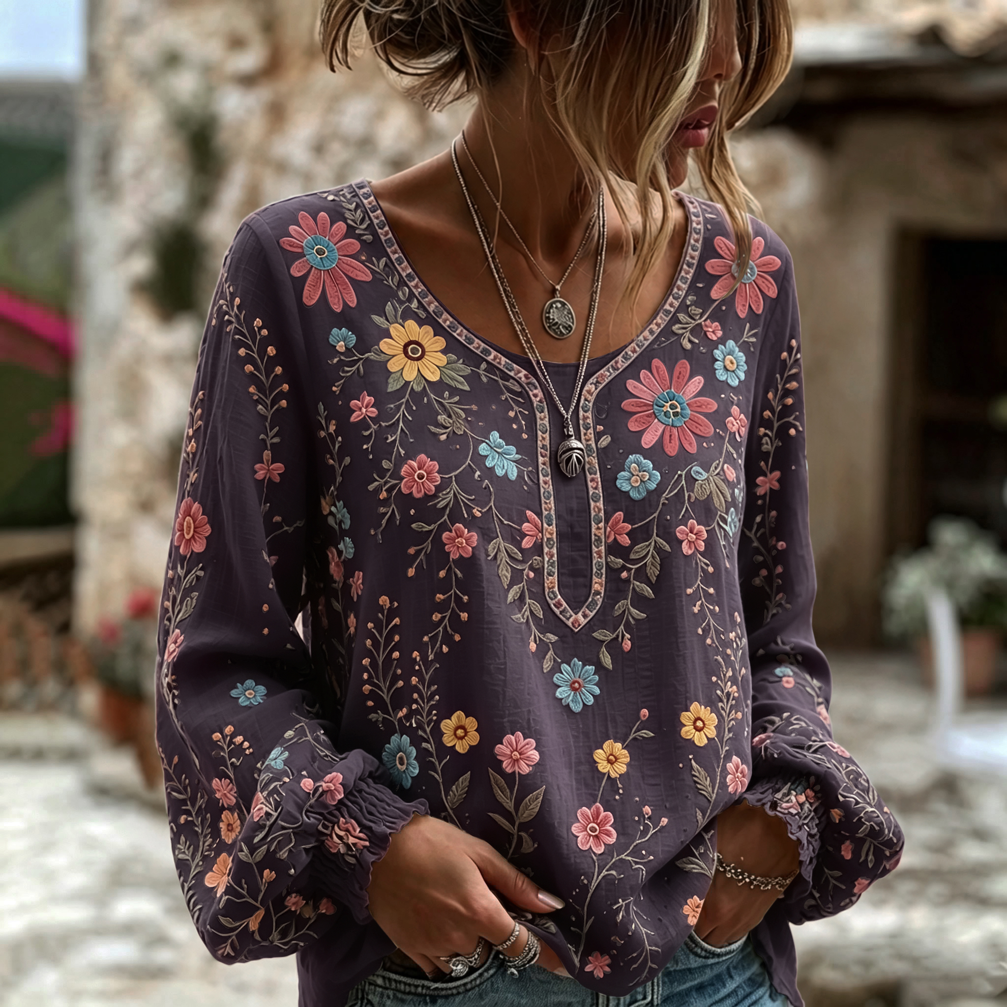 Women's Vintage Floral Art Print Flowy Linen Blend Linen Blend Long Sleeve Casual Tops
