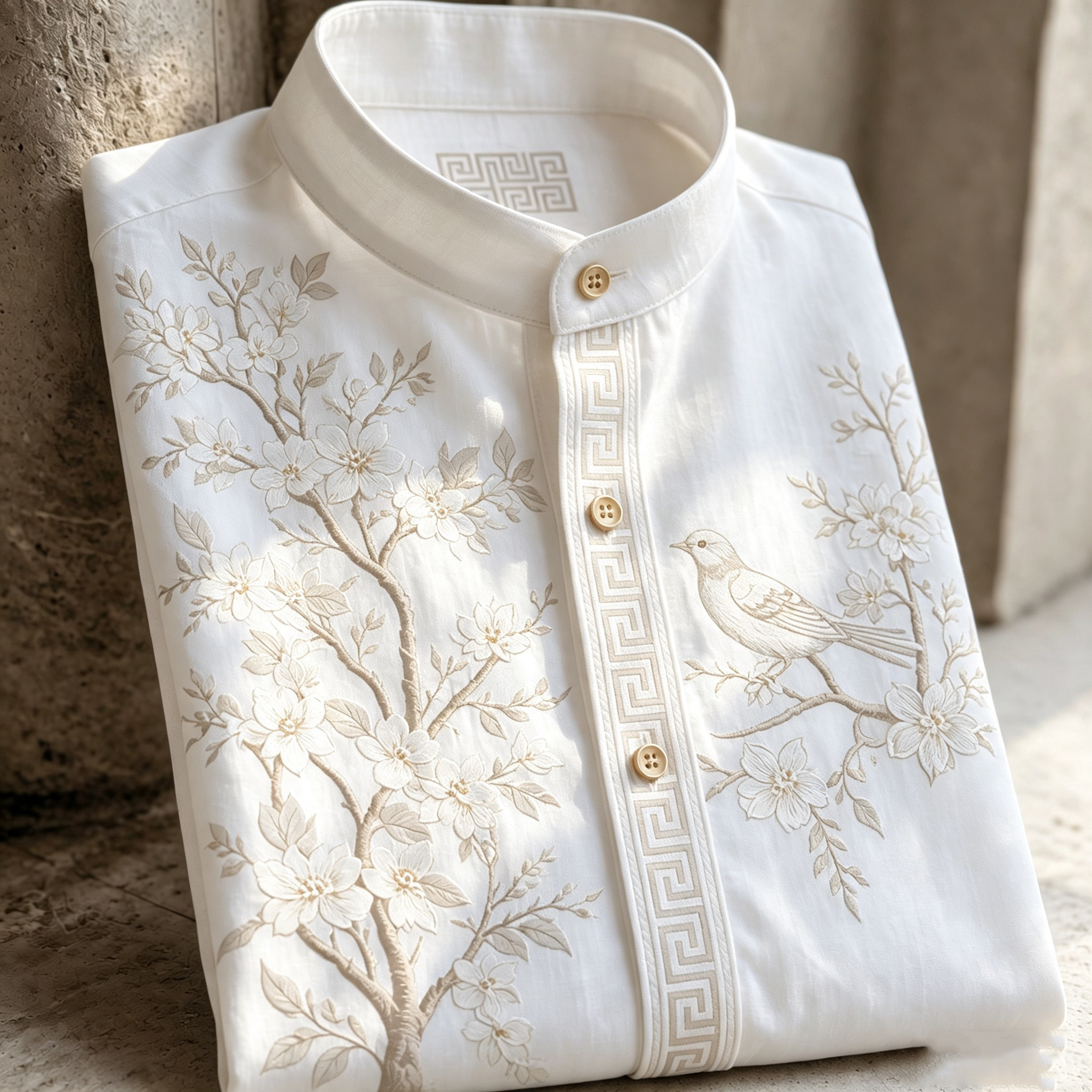 Retro Cherry Blossom And Bird Pattern Short-sleeve Shirt