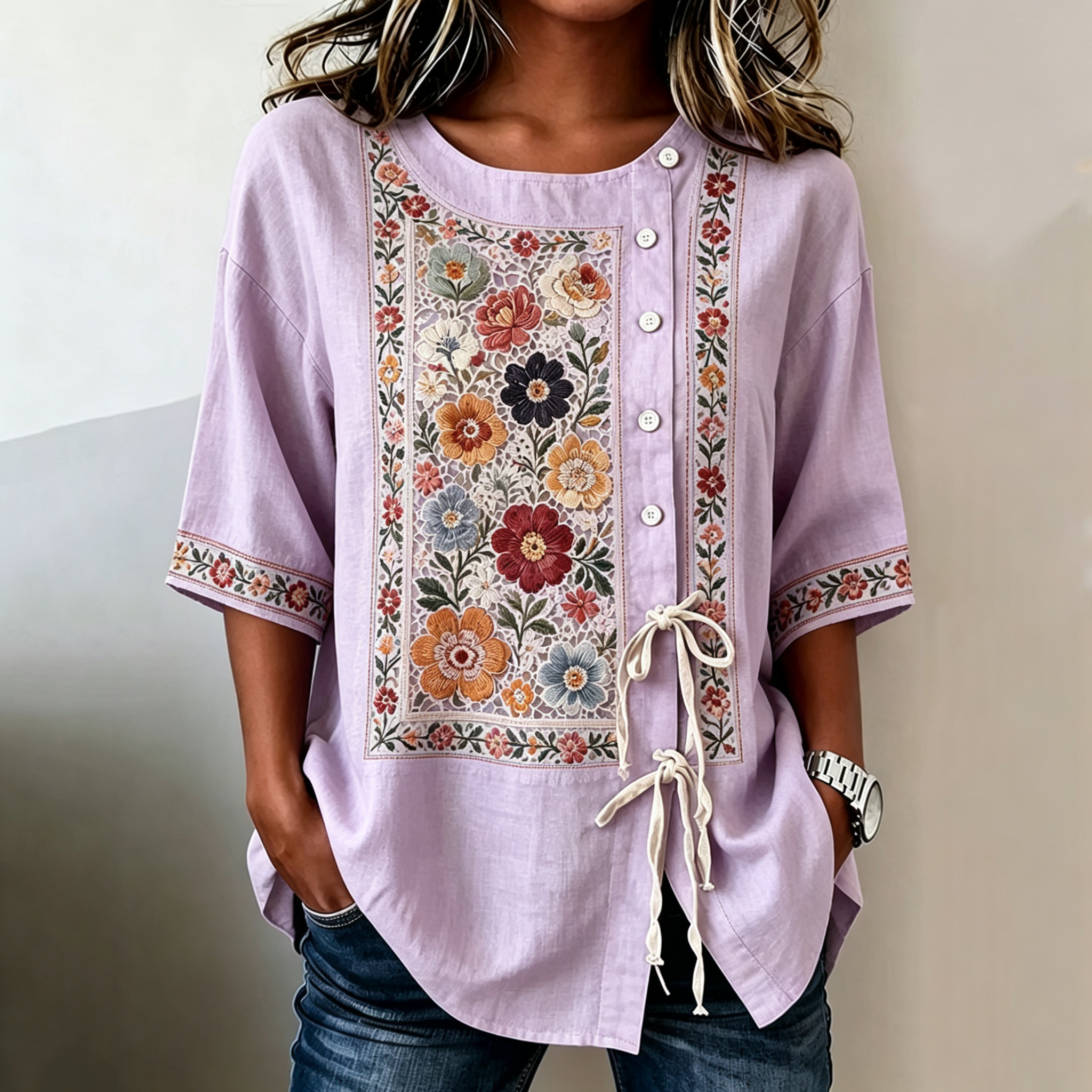 Women's Retro Bohemian Floral Design Short-sleeve Top